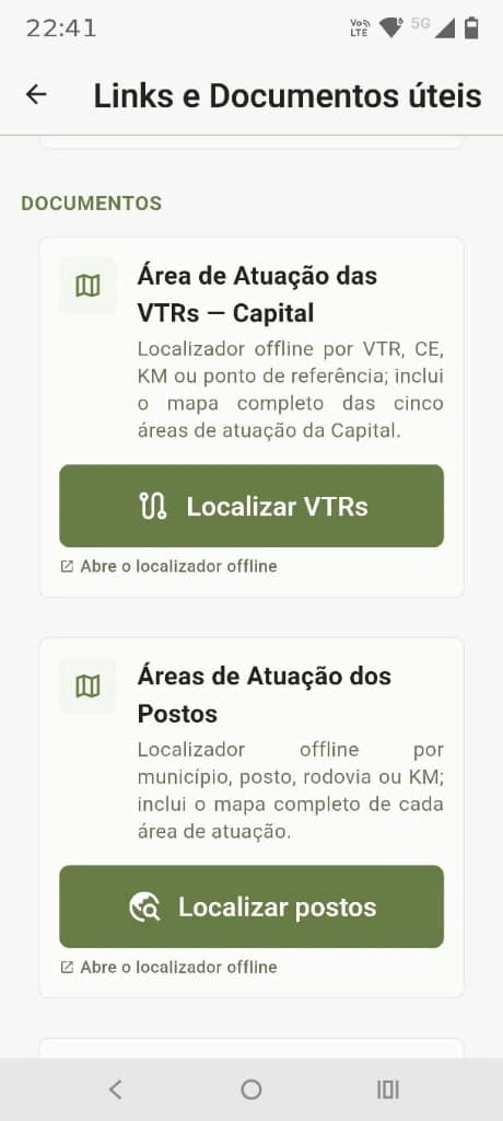 Tela de Links e Documentos úteis do aplicativo Fiscaliza: localizadores offline por VTR, município, posto, rodovia ou KM das áreas de atuação do BPRE.